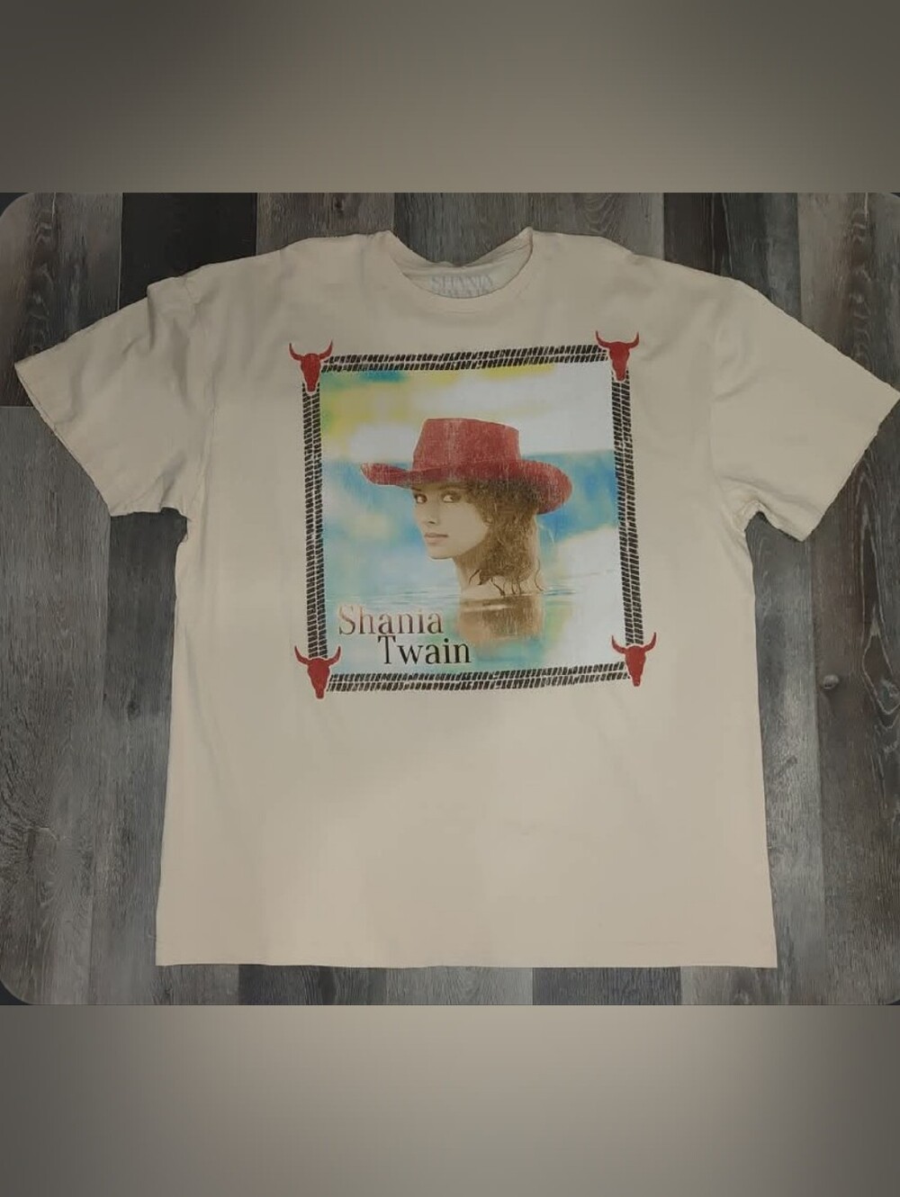 Shania Twain Graphic Tee - Cream with Red Hat Artwork